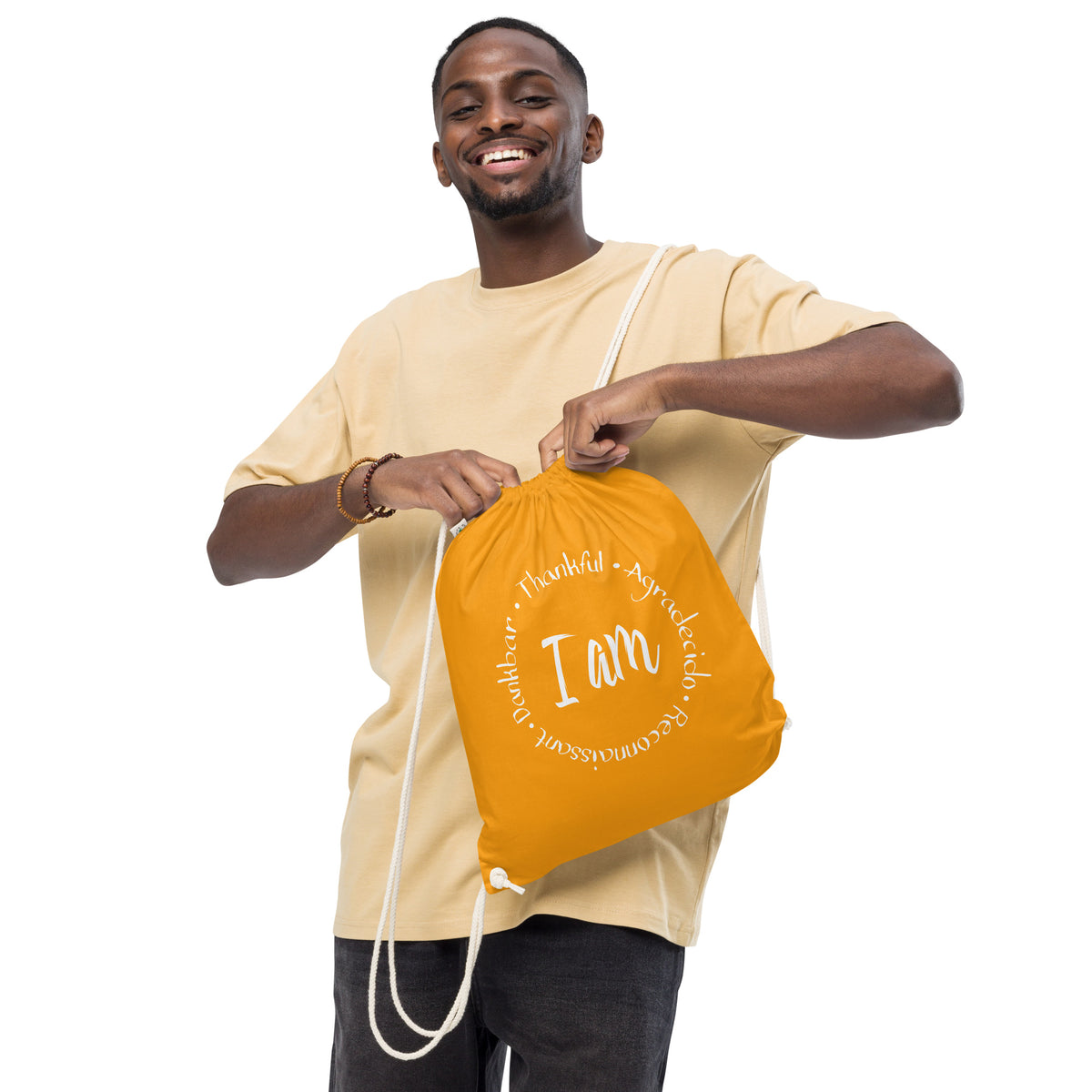 I Am Thankful Organic Cotton Drawstring Bag